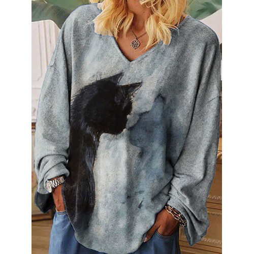 Watercolor Cat Print Loose T-Shirt