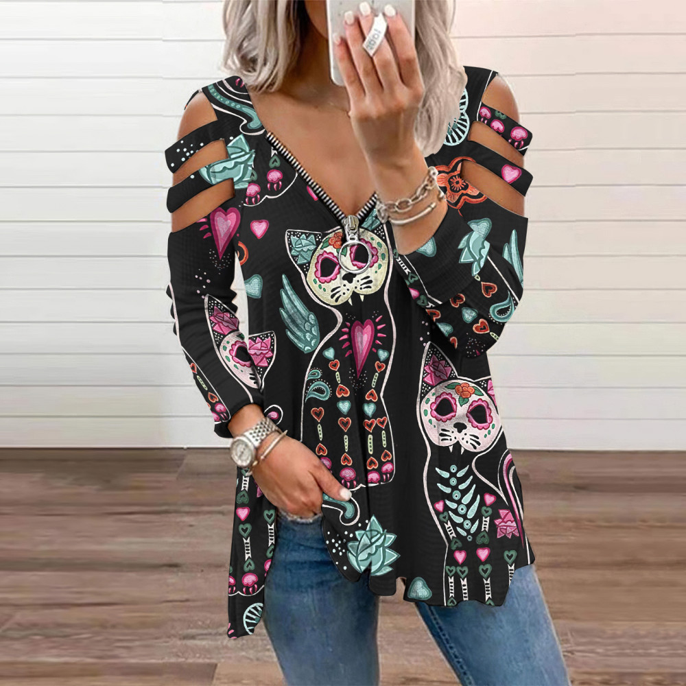 Western Day Of The Dead Cat Skull Printed Hollow Out Zip T-Shirt