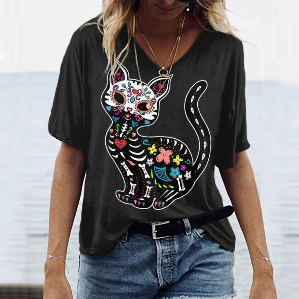 Western Day Of The Dead Cat Skull Printed V Neck T-Shirt