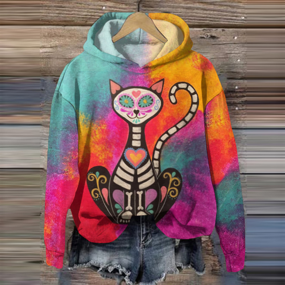 Western Gradient Cat Skull Printed Long Sleeve Hoodie
