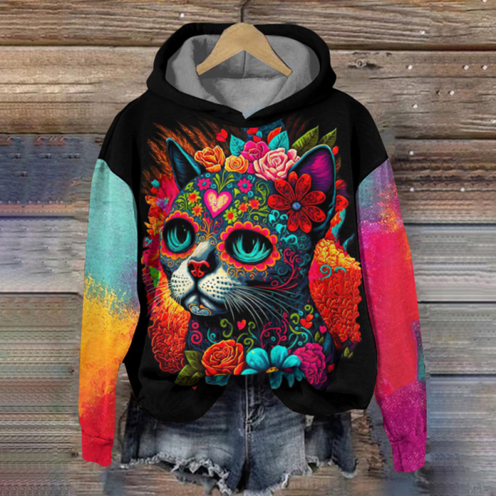 Western Gradient Cute Cat Skull Printed Long Sleeve Hoodie