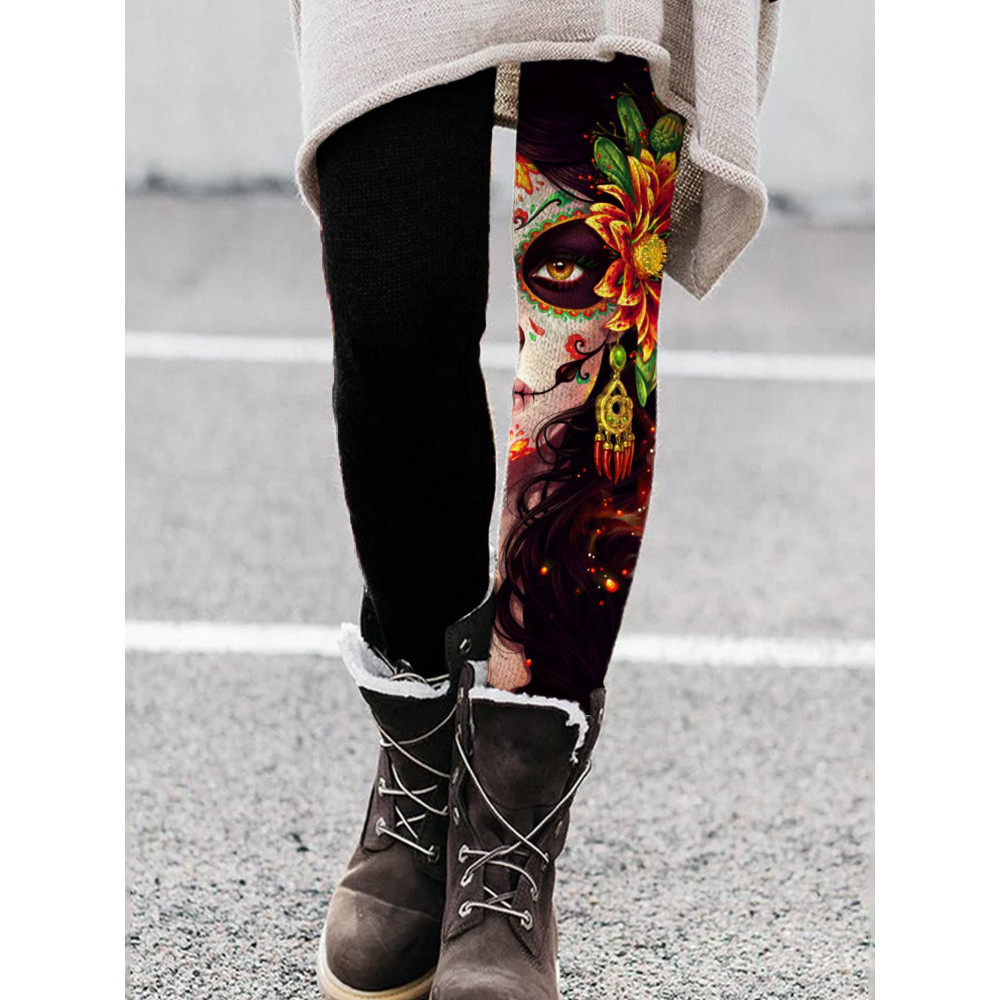 Woman At Day Of The Dead Art Contrast Leggings