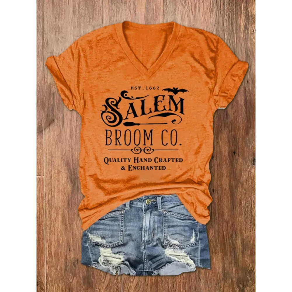 Women's Salem Broom Co Halloween Print V Neck T Shirt