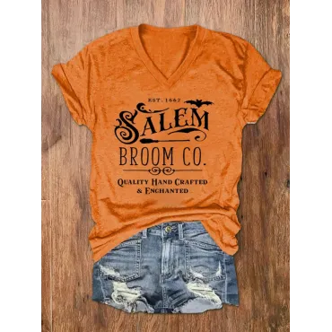 Women's Salem Broom Co Halloween Print V Neck T Shirt