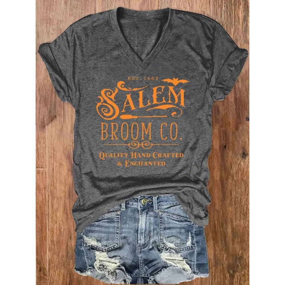 Women's Salem Broom Co Halloween Print V Neck T Shirt