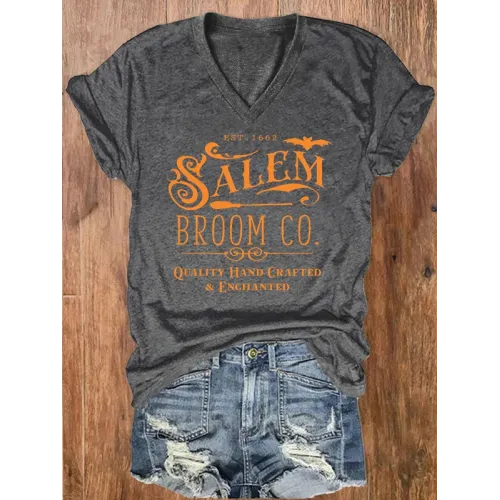 Women's Salem Broom Co Halloween Print V Neck T Shirt