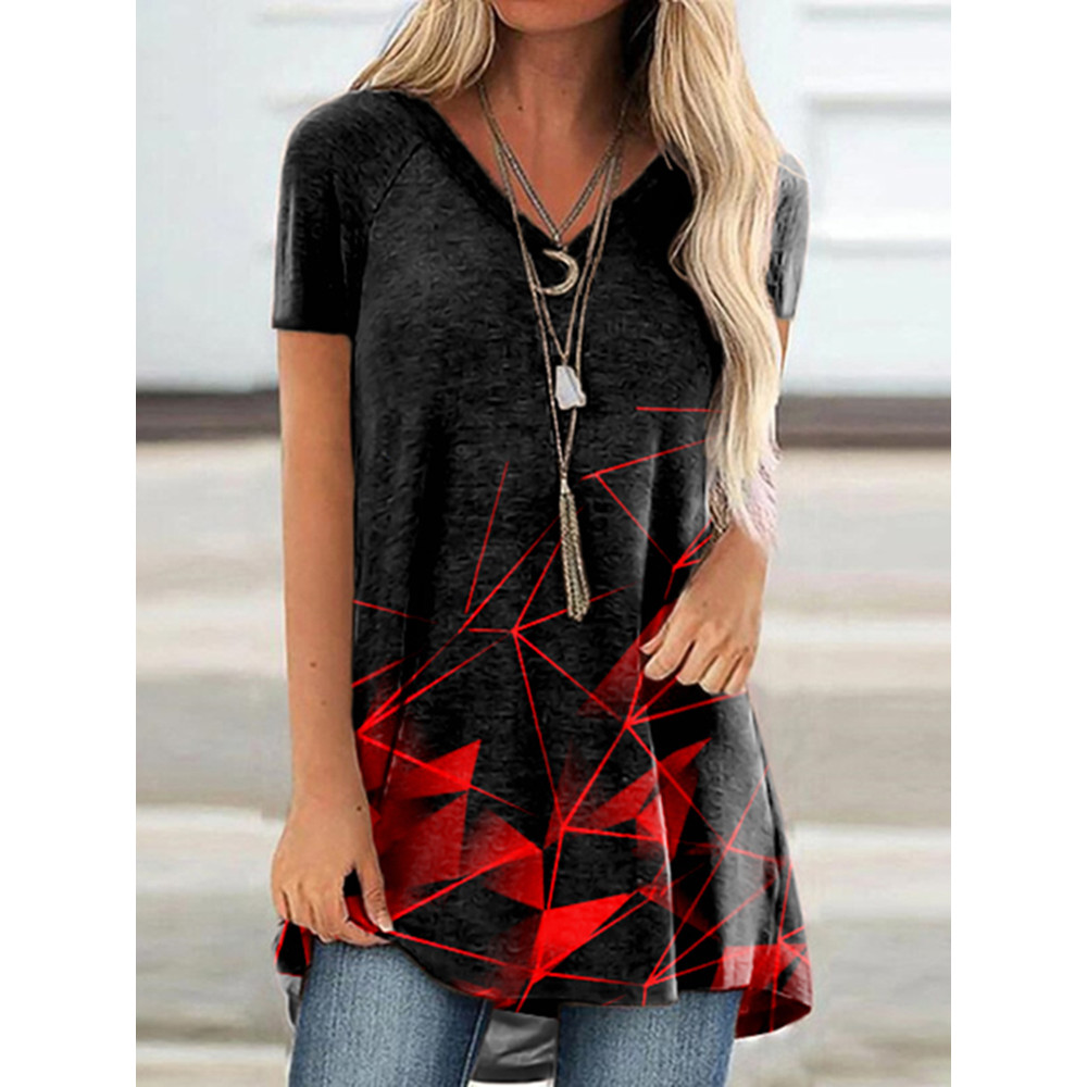 Abstract Geometric Line Gradient V Neck Short Sleeve  Tunic