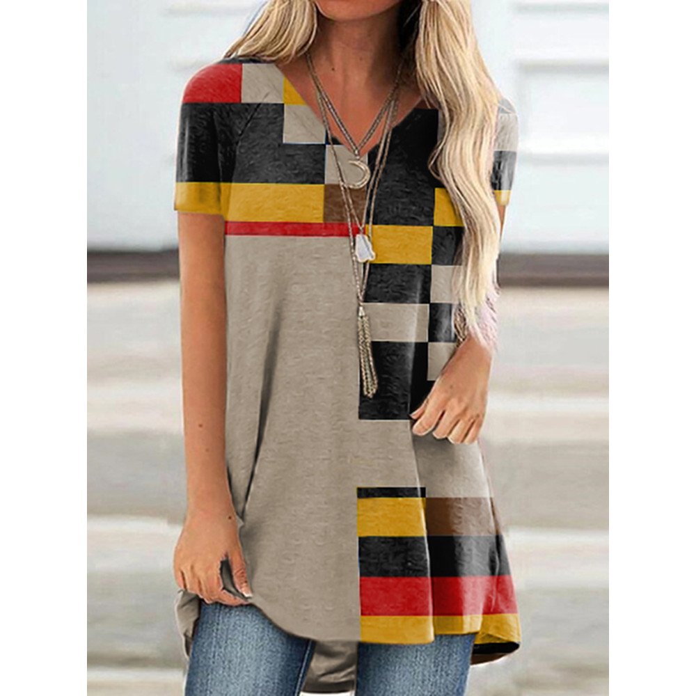 Abstract Irregular Color Block Casual Short Sleeve Tunic