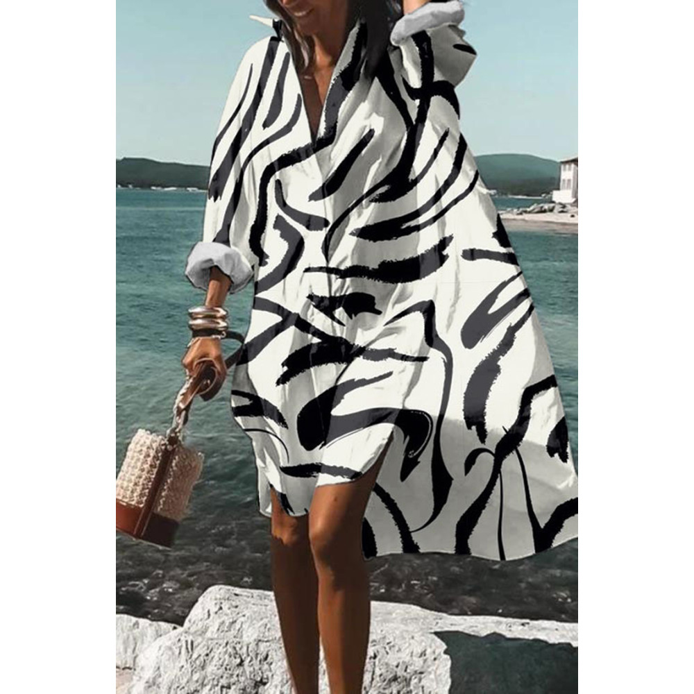 Abstract Line Print Long Sleeve Midi Dress