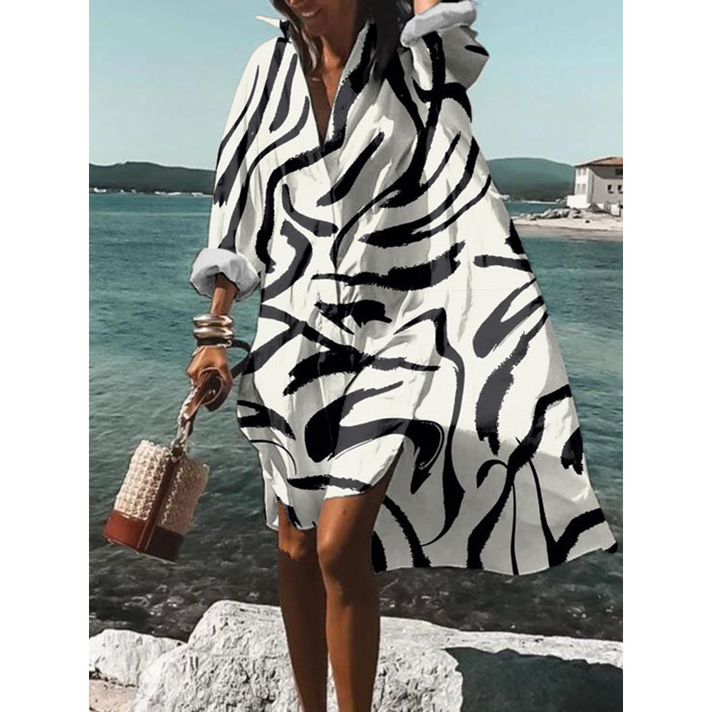 Abstract Line Print Long Sleeve Midi Dress