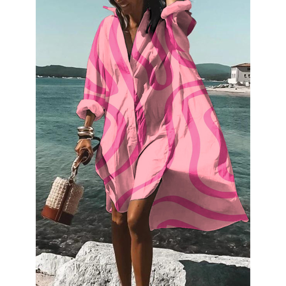 Abstract Line Print Long Sleeve Midi Dress