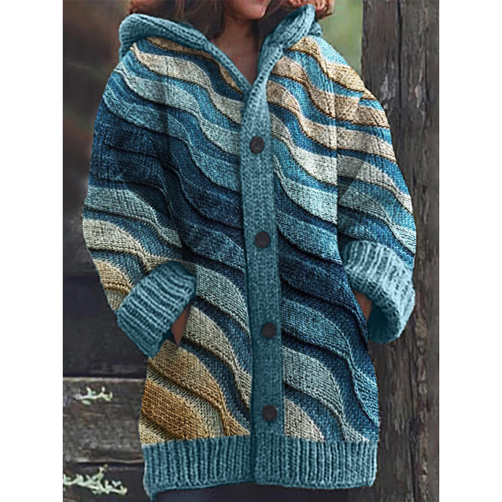 Beach Sea Waves Inspired Jaquard Cozy Hooded Cardigan