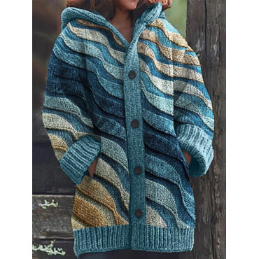 Beach Sea Waves Inspired Jaquard Cozy Hooded Cardigan