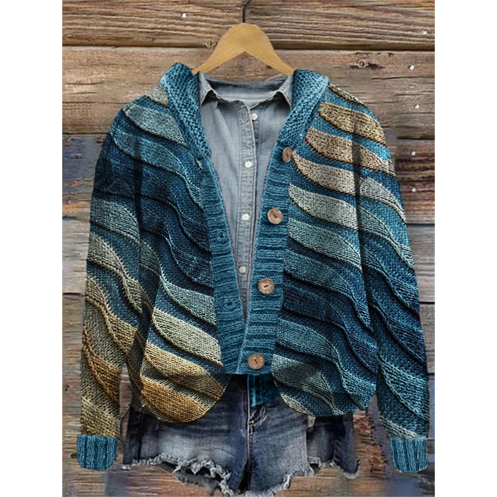 Beach Sea Waves Inspired Knit Art Cozy Hooded Cardigan