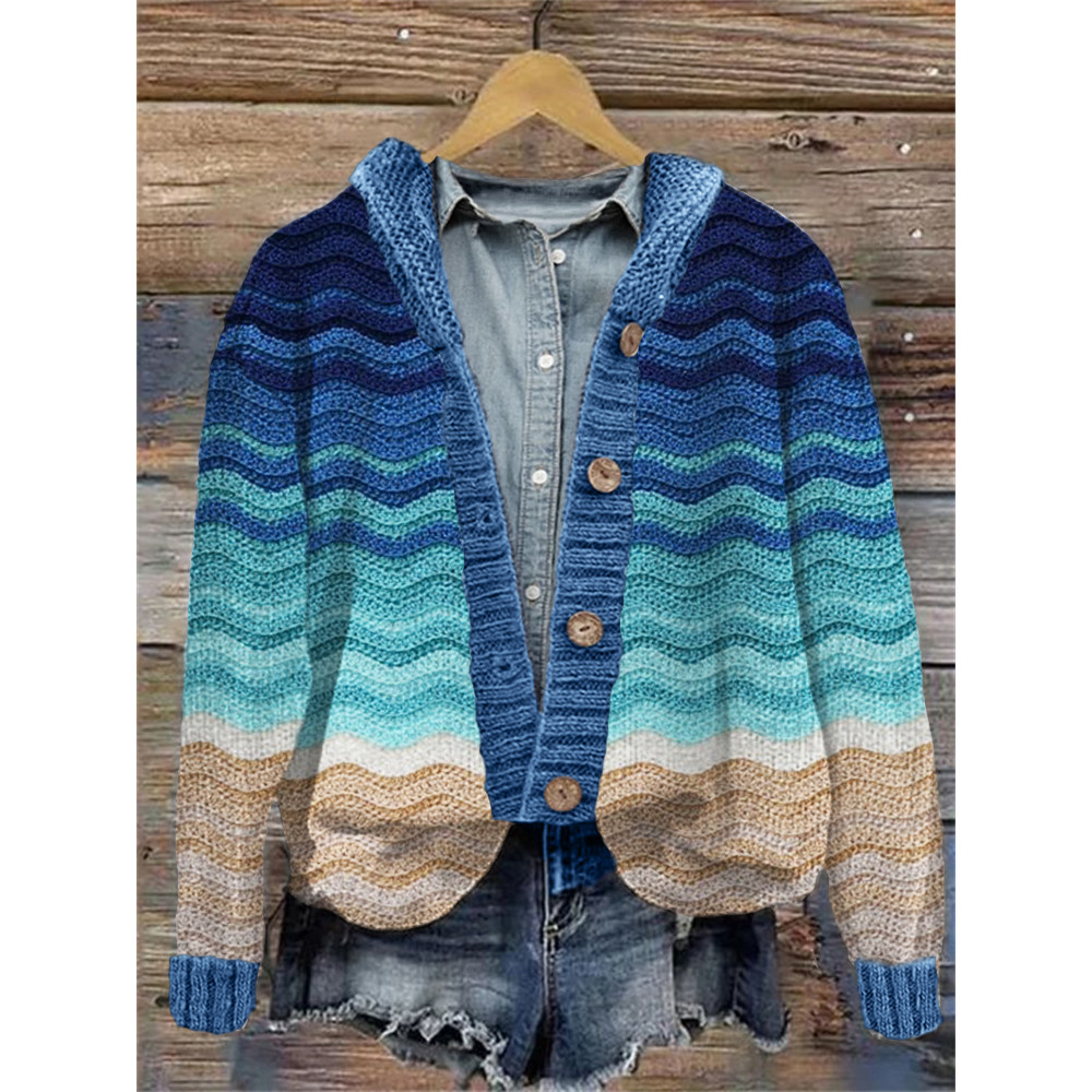 Beach Sea Waves Inspired Knit Hooded Cardigan