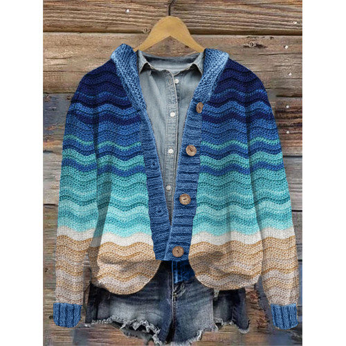 Beach Sea Waves Inspired Knit Hooded Cardigan