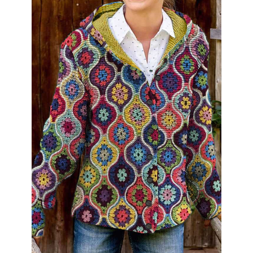 Boho Colorful Crochet Art Cozy Hooded Cardigan