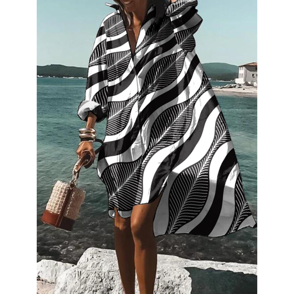 Casual Geometric Wave Print Midi Dress