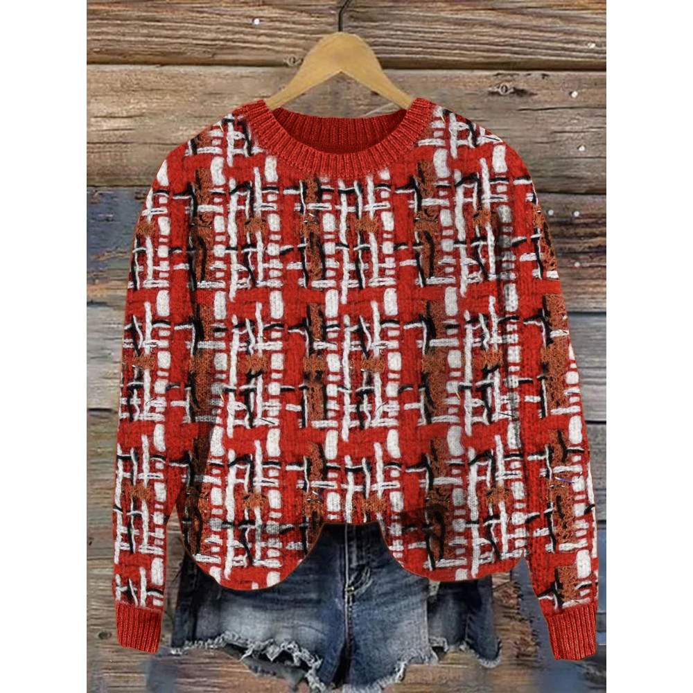 Classic Red Tweed Vintage Cozy Knit Sweater