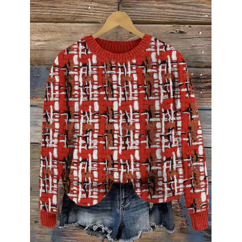 Classic Red Tweed Vintage Cozy Knit Sweater
