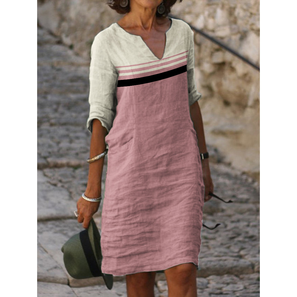 Classy Morandi Colorblock Notch Neck Midi Dress