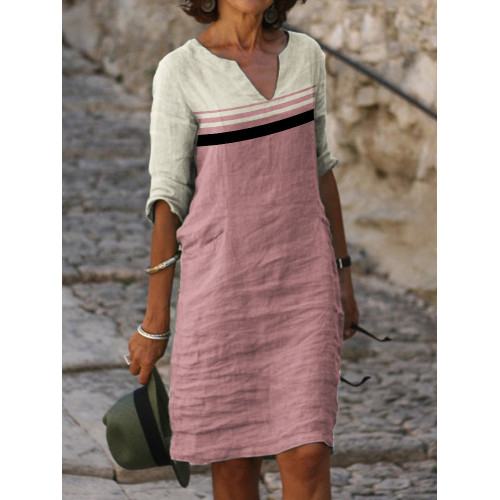Classy Morandi Colorblock Notch Neck Midi Dress