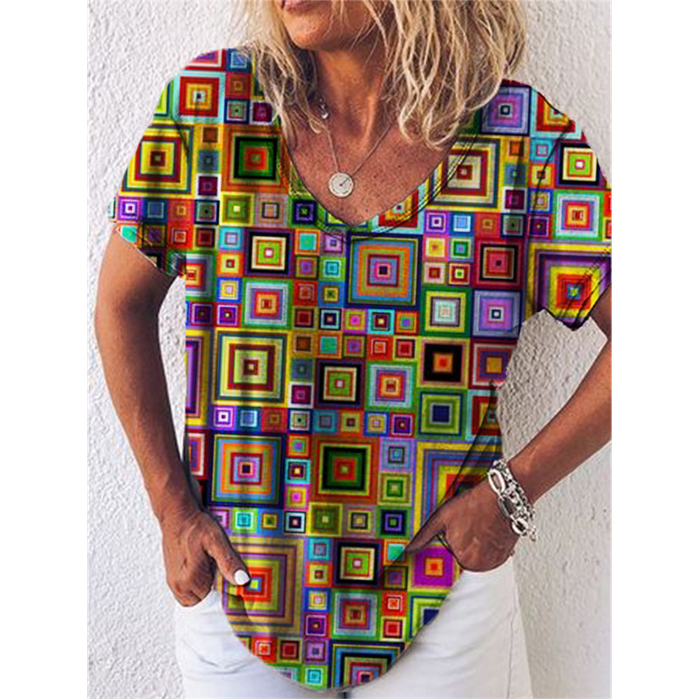 Colorblock Geometric Art V Neck T Shirt