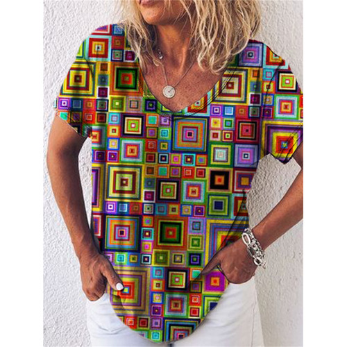Colorblock Geometric Art V Neck T Shirt