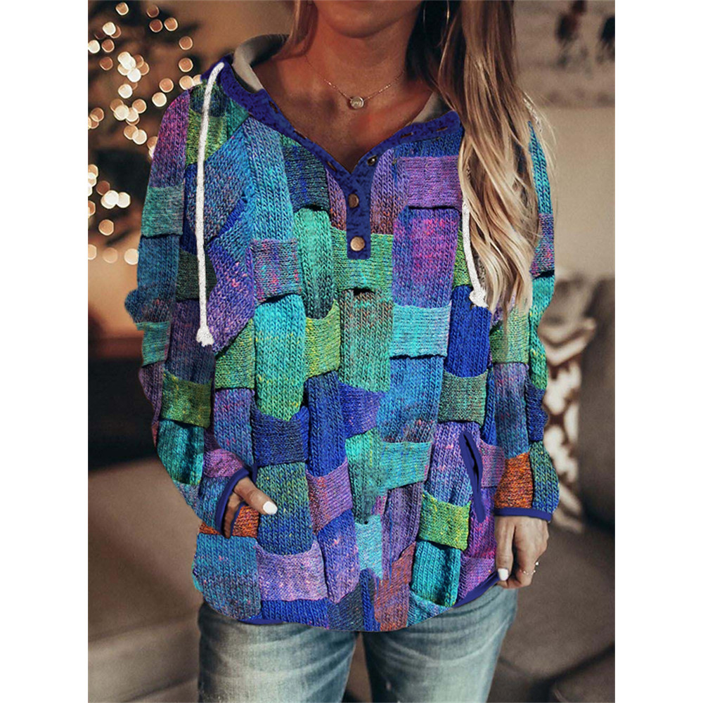 Colorblock Knit Art Button Up Cozy Hoodie