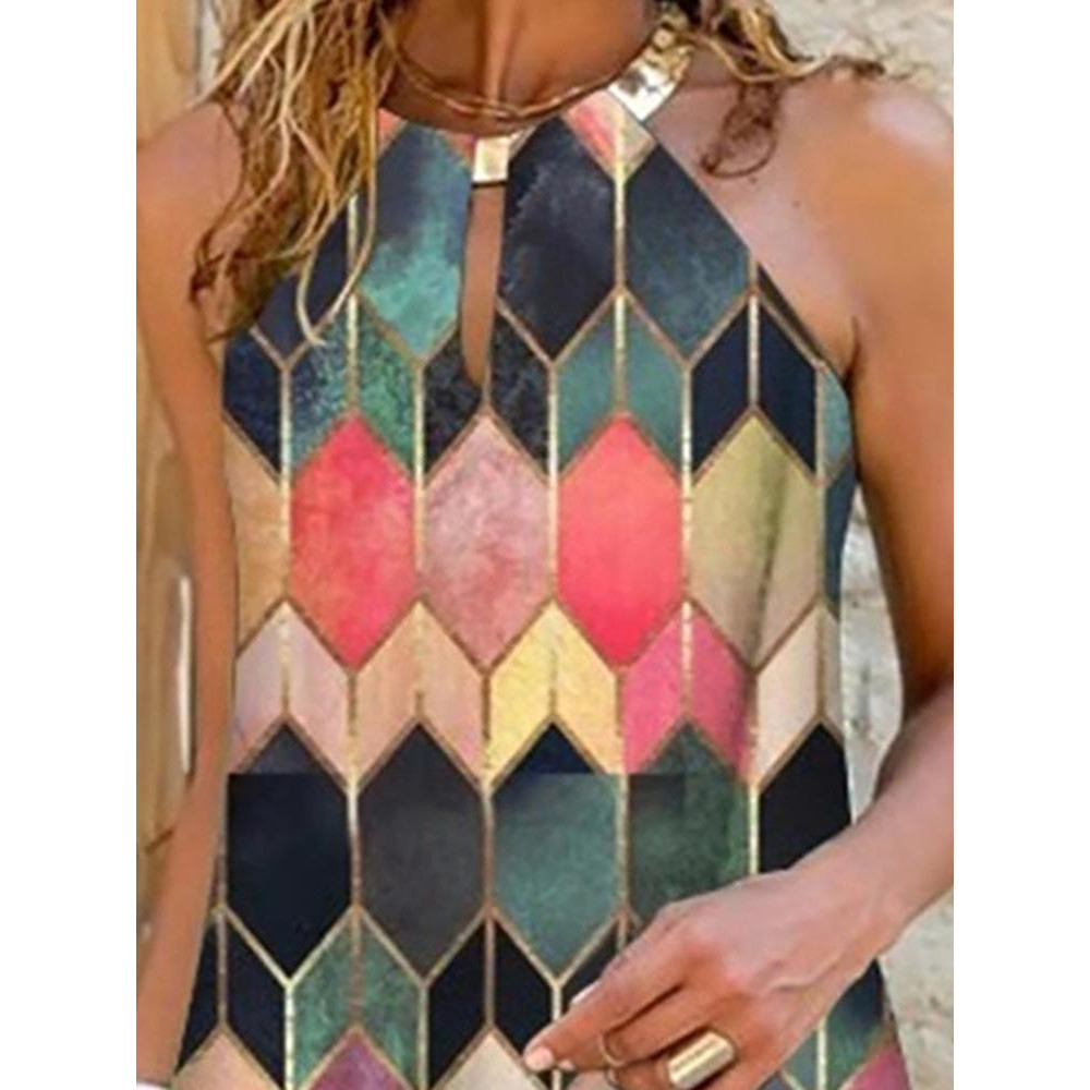 Colorful Argyle Print Halter Casual Sleeveless Dress