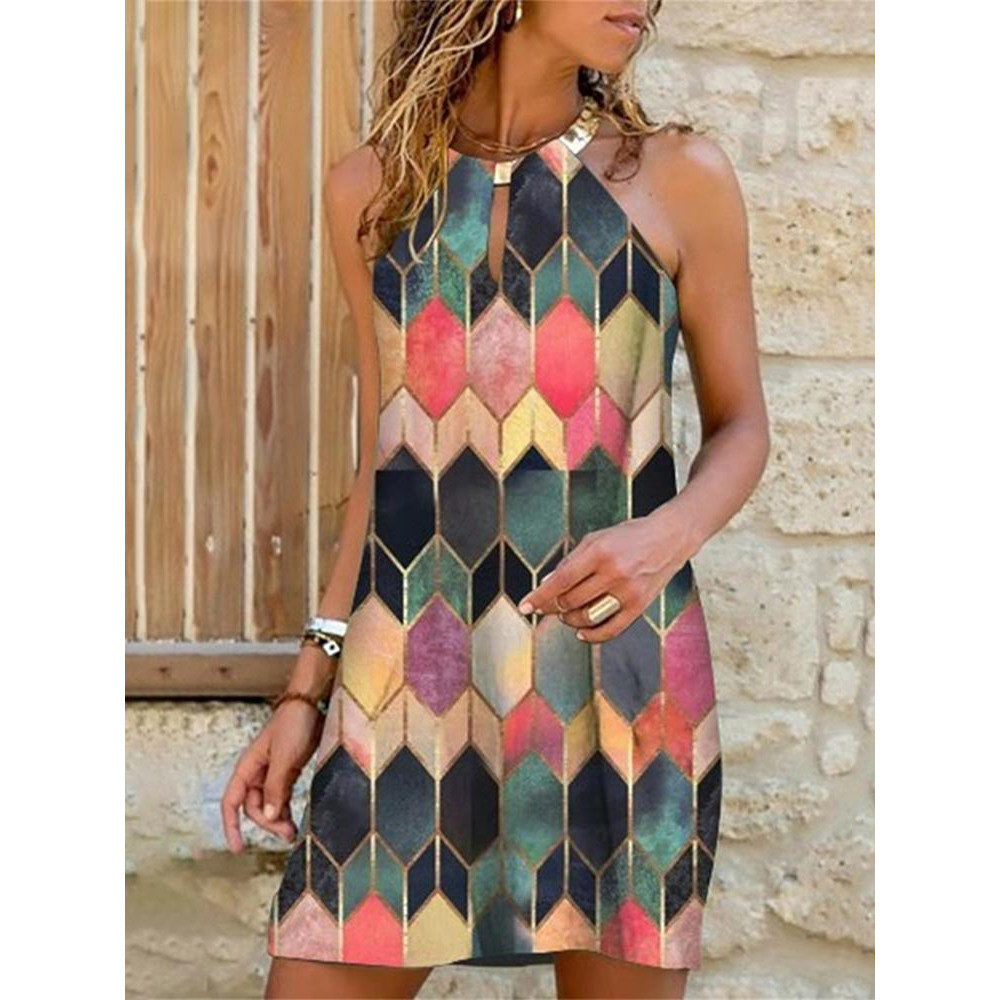 Colorful Argyle Print Halter Casual Sleeveless Dress