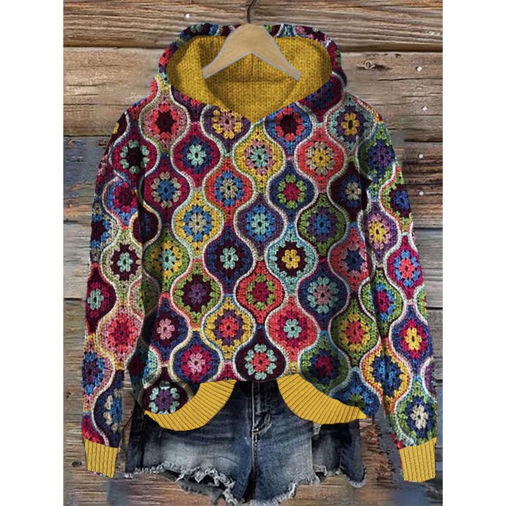 Colorful Boho Crochet Art Cozy Knit Hoodie