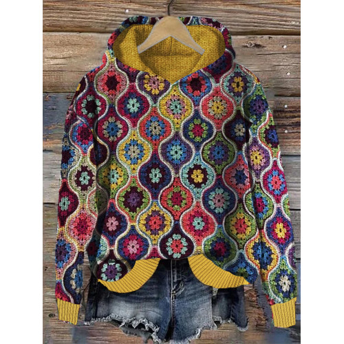 Colorful Boho Crochet Art Cozy Knit Hoodie