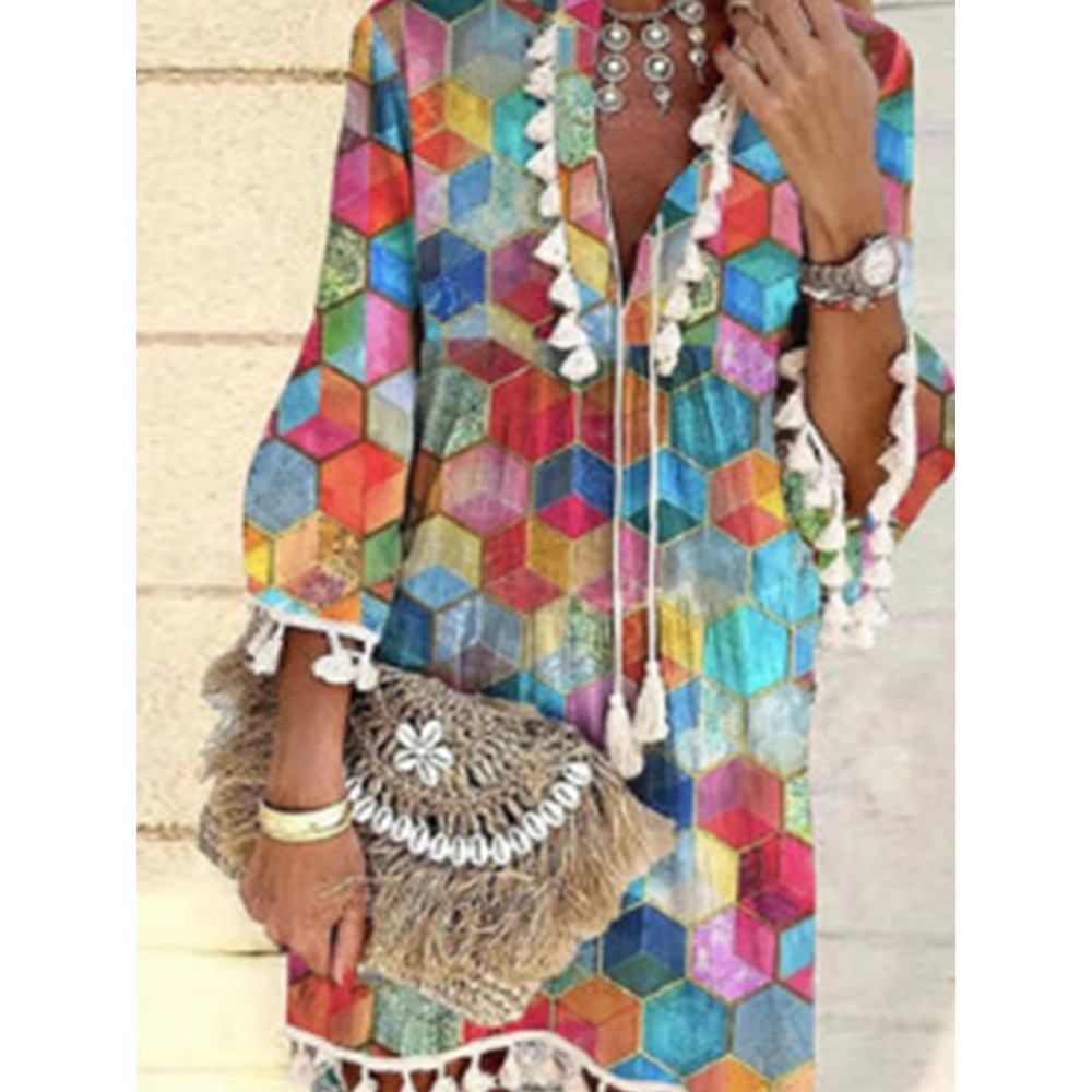 Colorful Geometric Print Fringed V-Neck Ruffle Sleeve Dress