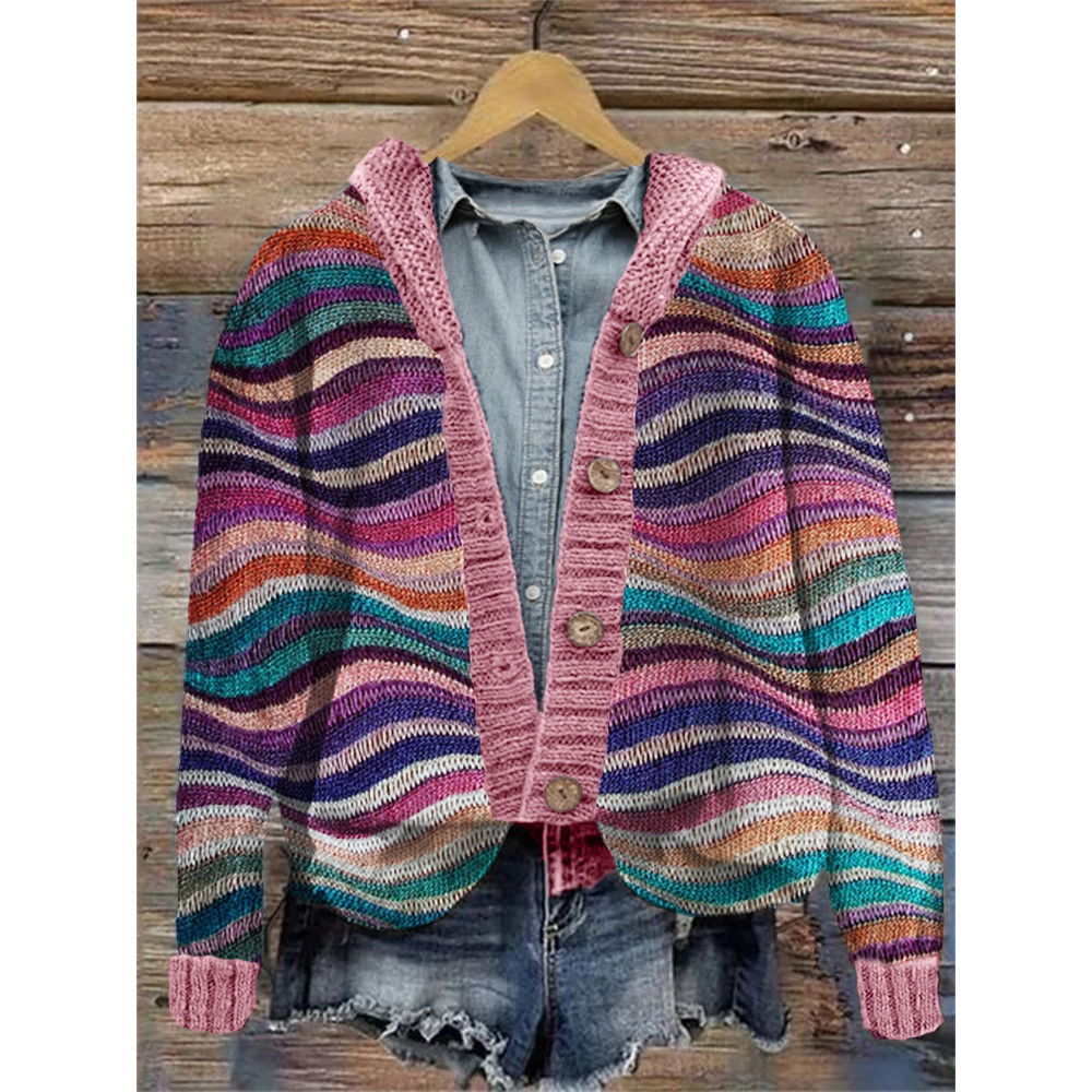 Colorful Sea Waves Knit Art Cozy Hooded Cardigan