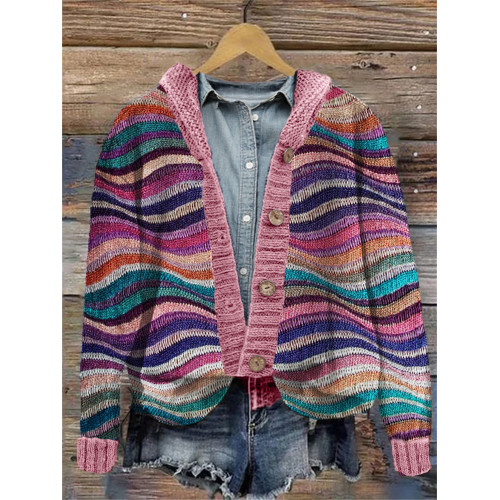 Colorful Sea Waves Knit Art Cozy Hooded Cardigan