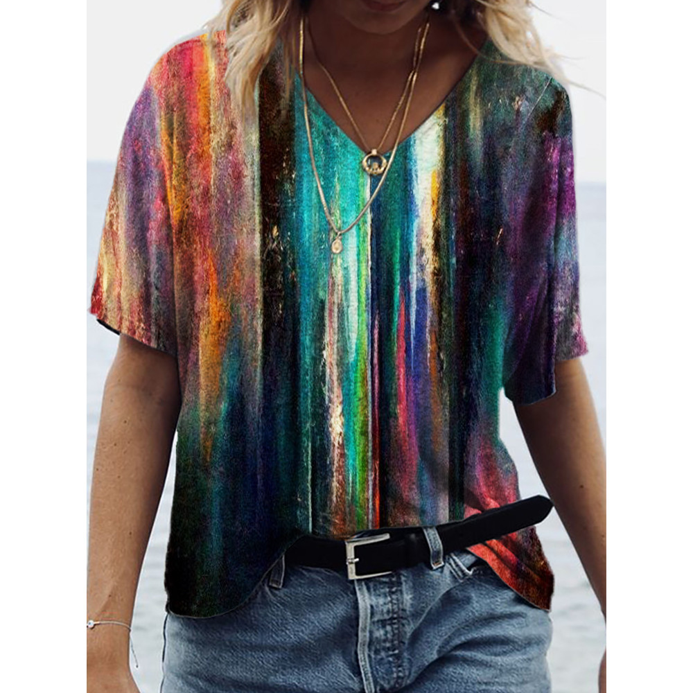 Colorful Striped Graffiti Art V Neck T Shirt