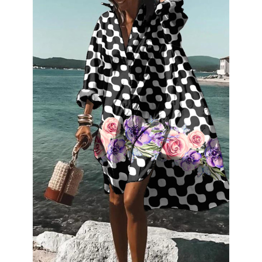 Contrast Geometric Floral Print Midi Dress