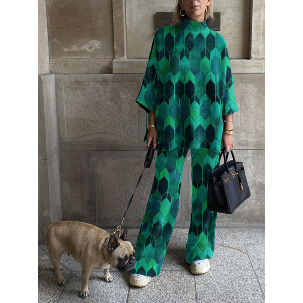 Diamond Lattice Art Series Printed Turtleneck Sweatshirt And Pants 2 Piece Suit
