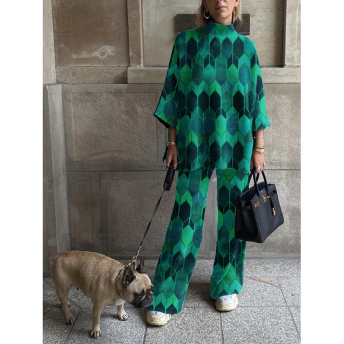 Diamond Lattice Art Series Printed Turtleneck Sweatshirt And Pants 2 Piece Suit