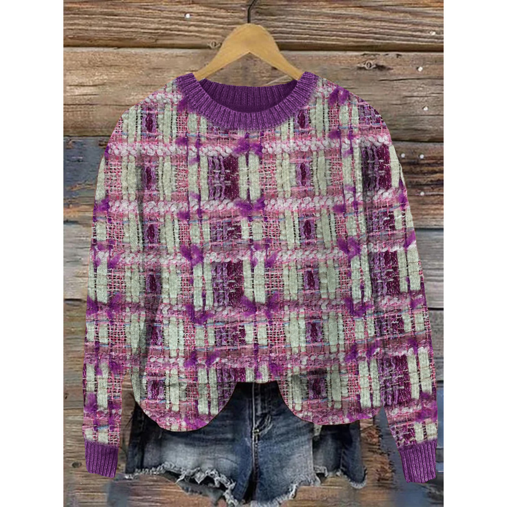 Elegant Purple Tweed Vintage Cozy Knit Sweater