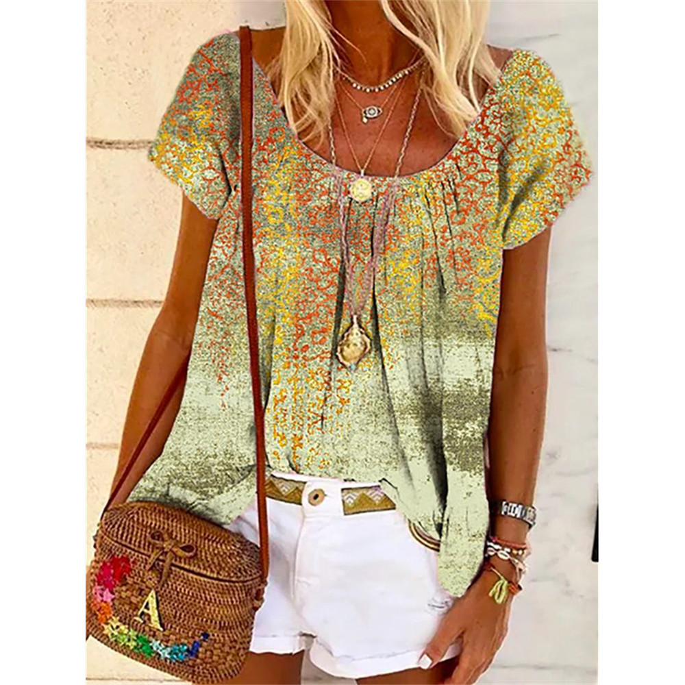 Ethnic Distressed Art Pinched Collar T Shirt
