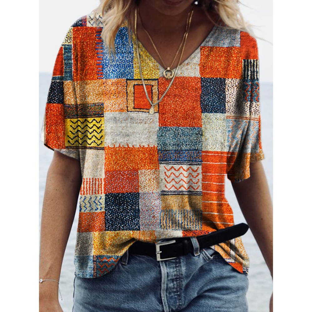 Ethnic Geometric Art V Neck T Shirt