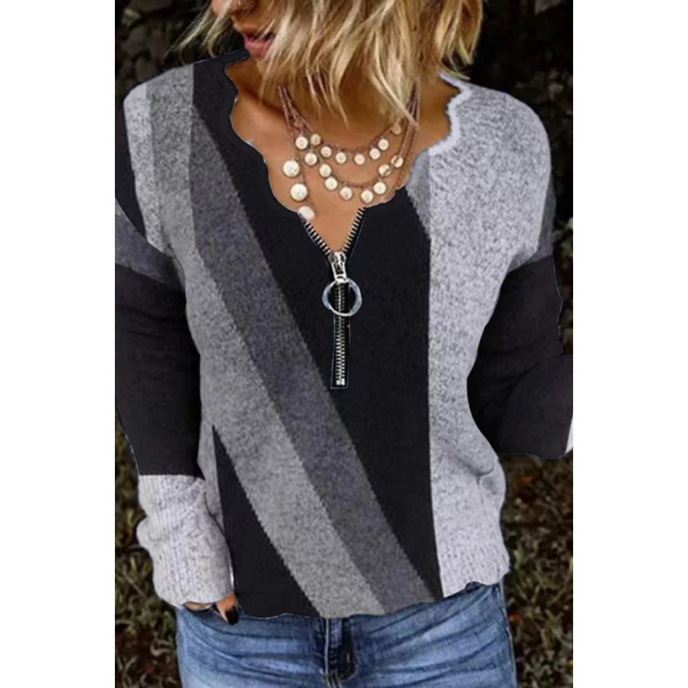 Fashion Geometric Print V-Neck Long Sleeve Casual T-Shirt