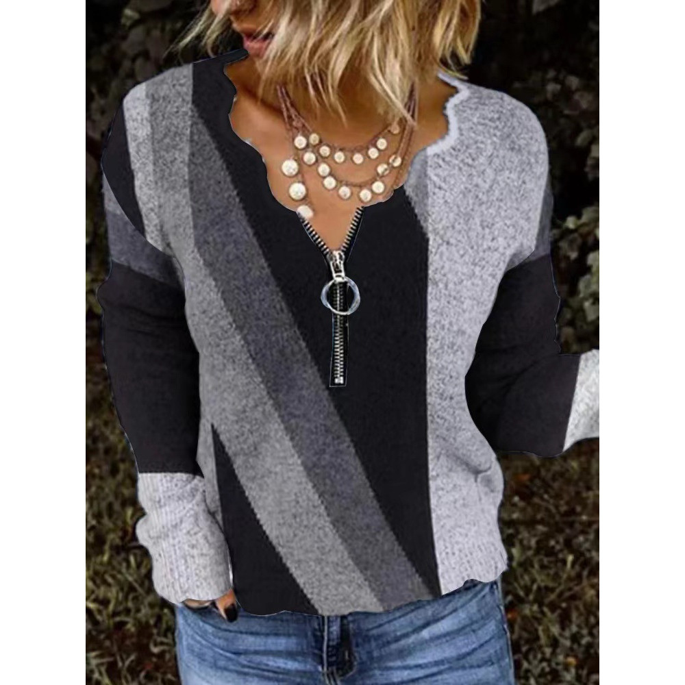 Fashion Geometric Print V-Neck Long Sleeve Casual T-Shirt