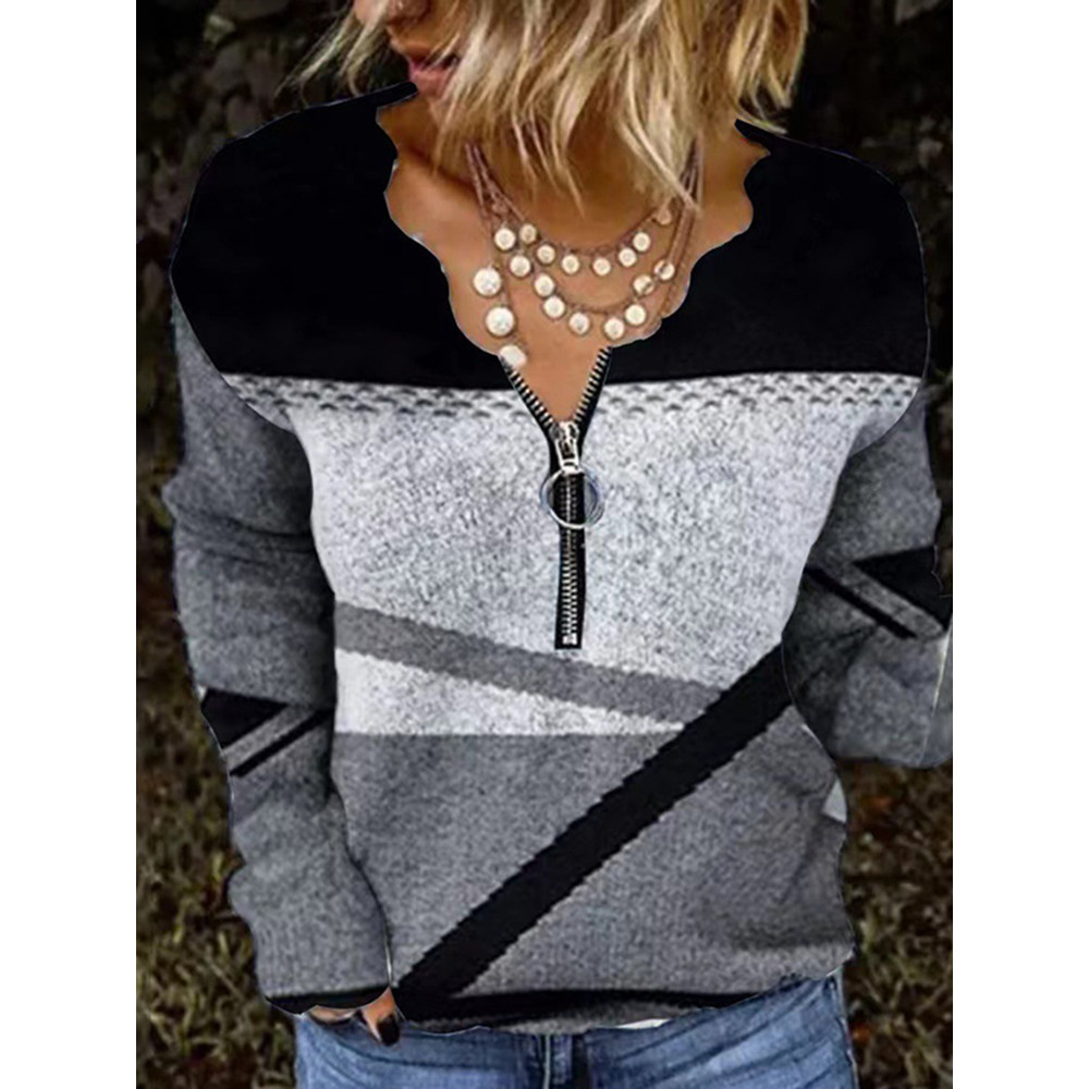 Fashion Geometric Print V-Neck Long Sleeve T-Shirt