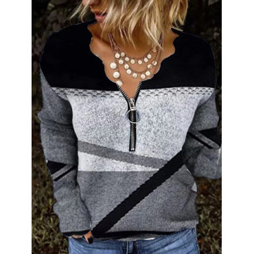 Fashion Geometric Print V-Neck Long Sleeve T-Shirt
