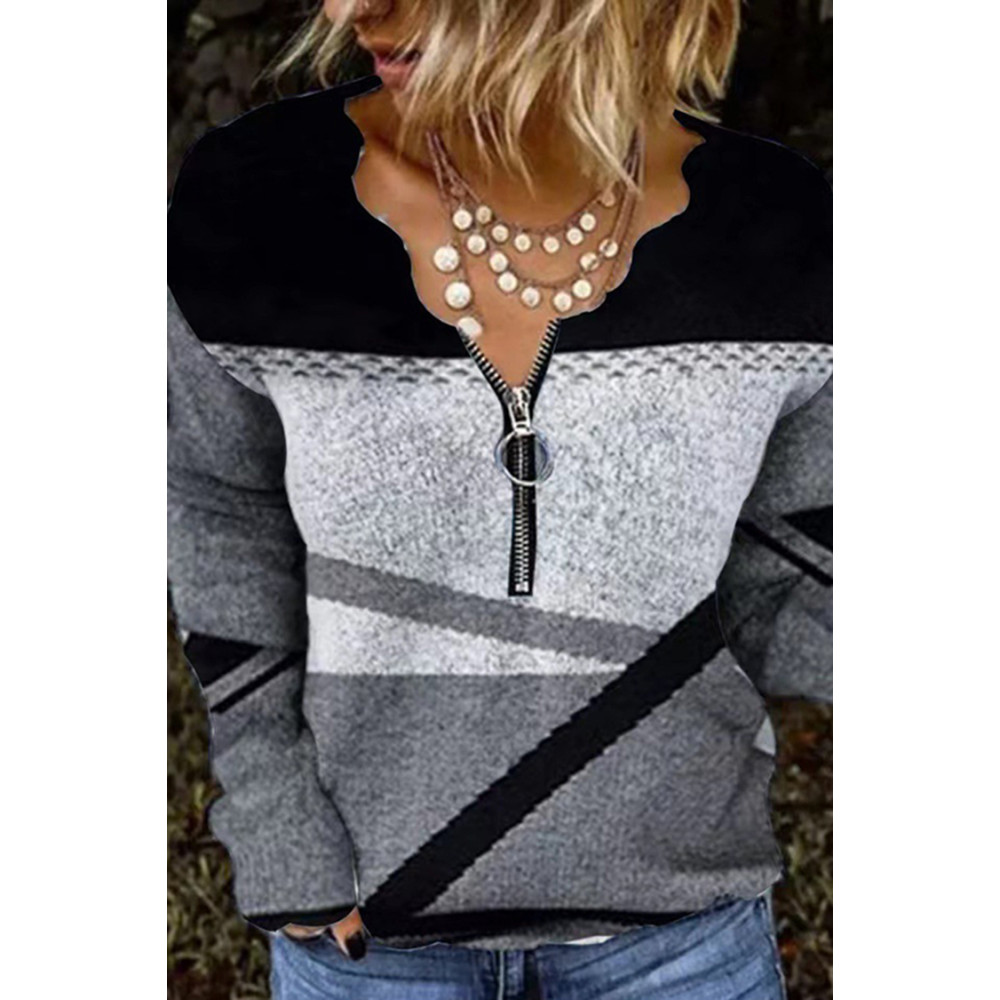 Fashion Geometric Print V-Neck Long Sleeve T-Shirt