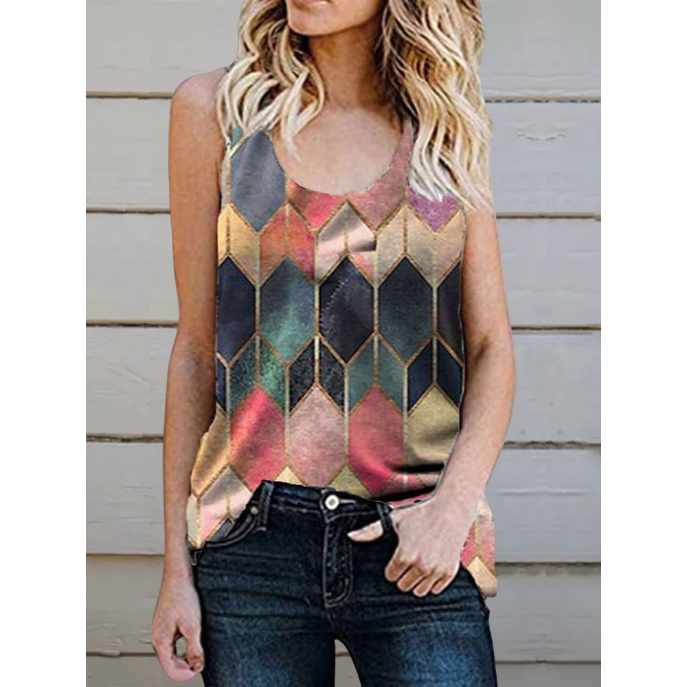 Geometric Argyle Print Crew Neck Sleeveless Tank Top