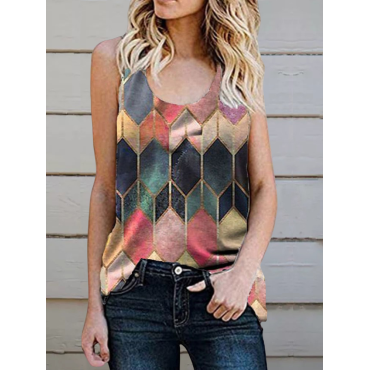 Geometric Argyle Print Crew Neck Sleeveless Tank Top